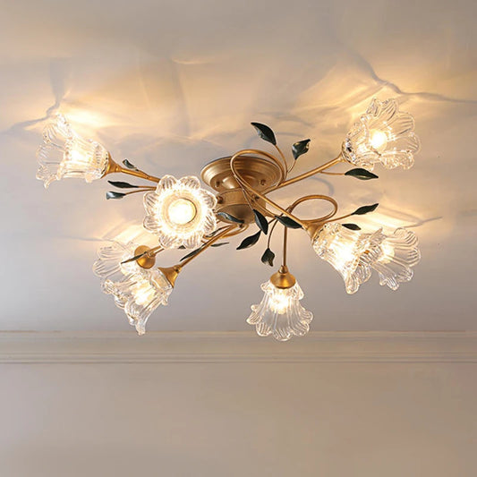 European flower ceiling light - 8-head LED chandelier with gold finish and glass floral shades, ideal for villa or apartment ceilings.