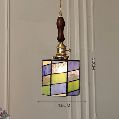 Suspension vintage française en bois, laiton et verre