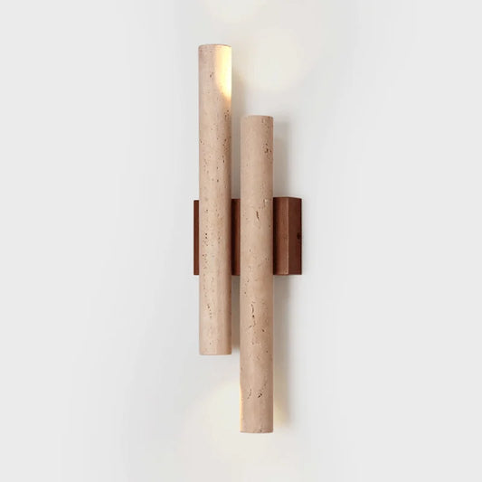 Travertine stone bedroom wall lamp with wood accent featuring dual cylindrical lights and up/down LED glow, ideal for ambient lighting.