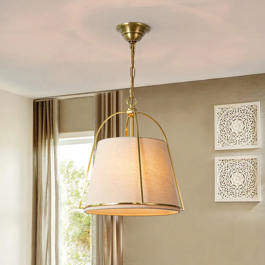 Postmodern chandelier LED light with fabric shade and gold frame, ideal for bedroom or corridor decor in American luxury style.