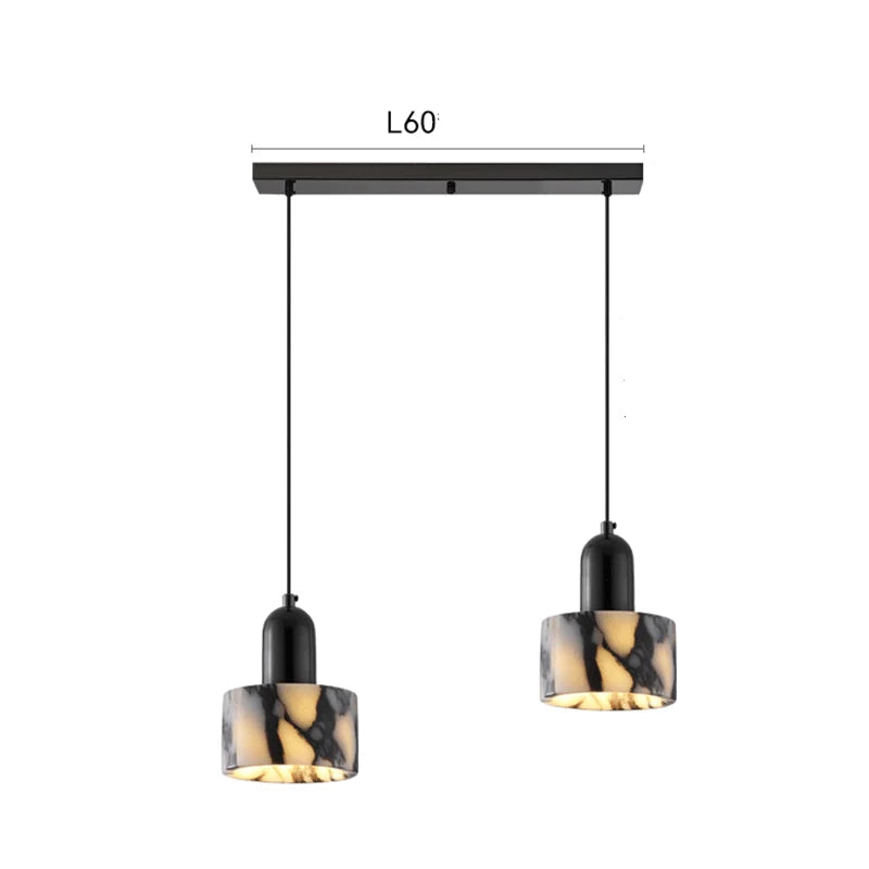Two-head Black Marble Pendant Light with Nordic LED, featuring adjustable 1.8m wires and 60cm base for balanced modern lighting.