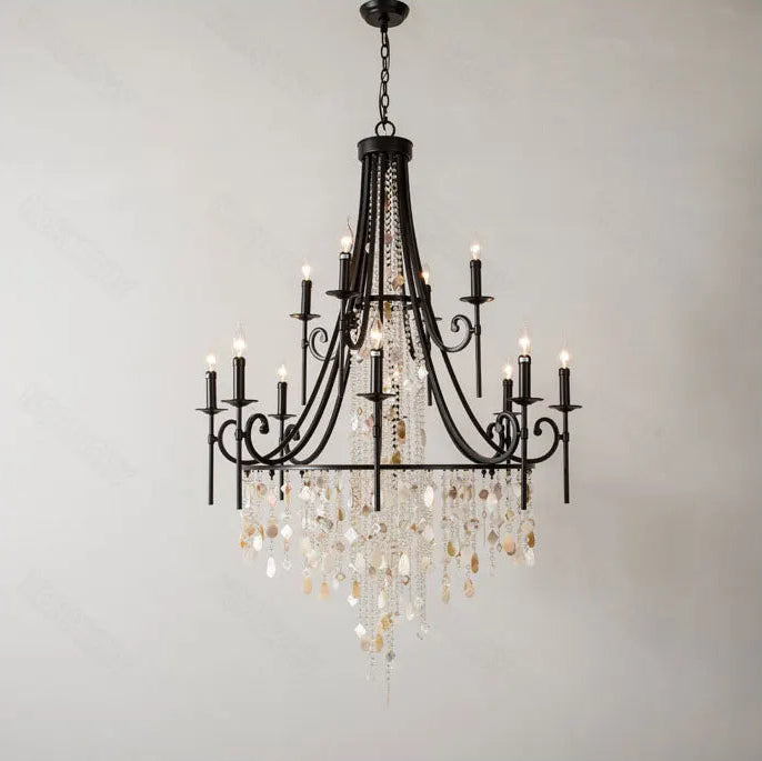 Long drop crystal shell chandelier for high-ceiling