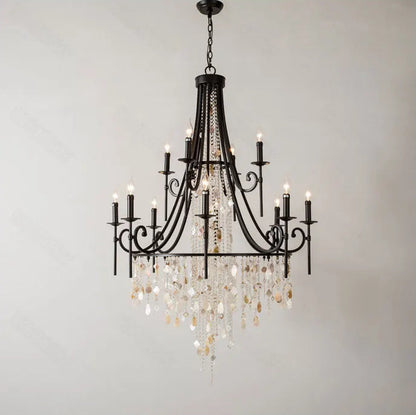 Long drop crystal shell chandelier for high-ceiling