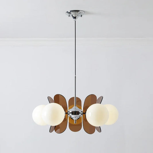 Bauhaus retro chandelier with dark brown acrylic panels and LED globes, ideal for dining room ceiling light or restaurant decor.