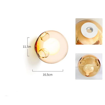 Amber Italian designer glass wall light with LED bulb, providing warm and stylish lighting for bedroom or café interiors.
