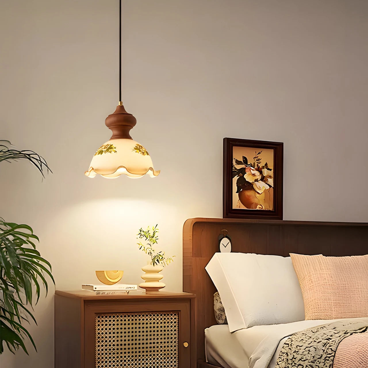 Suspension en verre et noyer Camellia, style wabi sabi