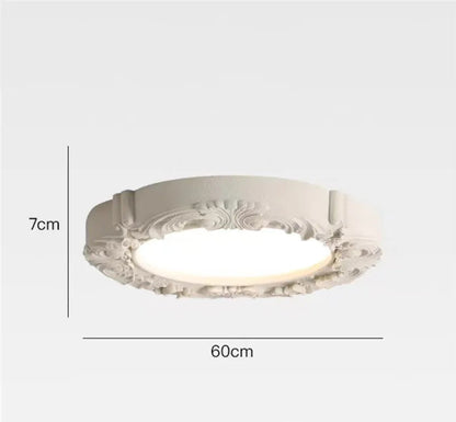60cm sandstone beige carved plaster chandelier - french farmhouse ceiling light with floral border and soft LED lighting.