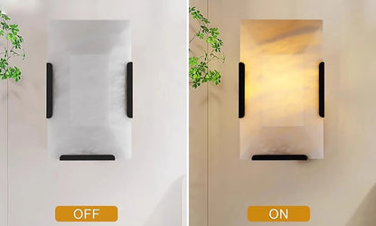 Copper Marble LED Sconce in black finish shown off and on, revealing soft glow and elegant wall lighting transformation.