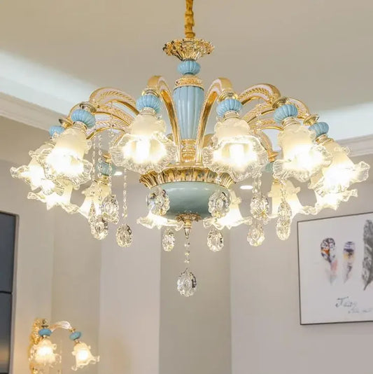 Crystal Chandelier - Blue Modern Crystal Chandelier with LED lights and floral glass shades, ideal for luxury living room decor.