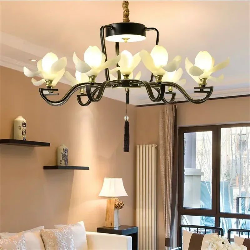 Retro-modern Magnolia Flower Pendant Light with 9 LED E27 bulbs in black, enhancing living room décor with floral elegance.