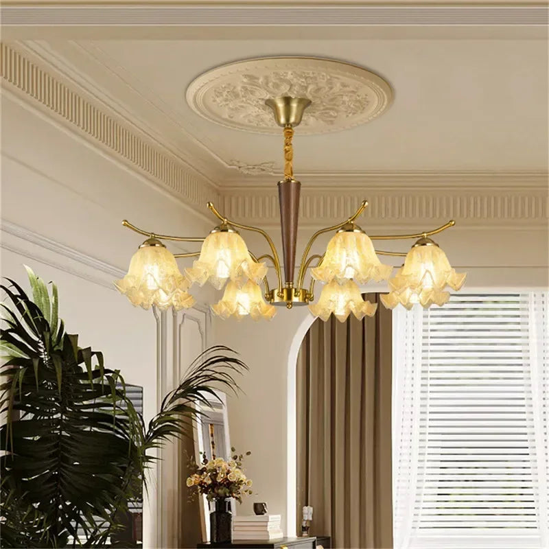 Six-light Contemporary LED Pendant Lamp with retro floral design, perfect for stylish living room or dining room illumination.