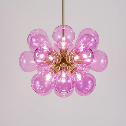 Purple bubble glass chandelier with gold accents, a Nordic design pendant light for bold and stylish interiors.