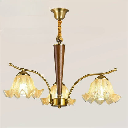Wooden brass chandelier with flower glass