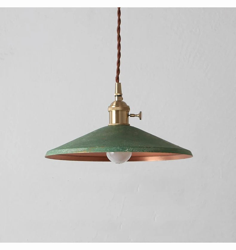 Green Vintage Metal Lamp with brass top, adds retro flair to kitchens, cafés, or creative interiors.