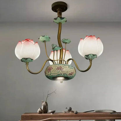 Three-light lotus flower ceiling light with LED bulbs, ideal for tea rooms or minimalist dining spaces with floral accents.
