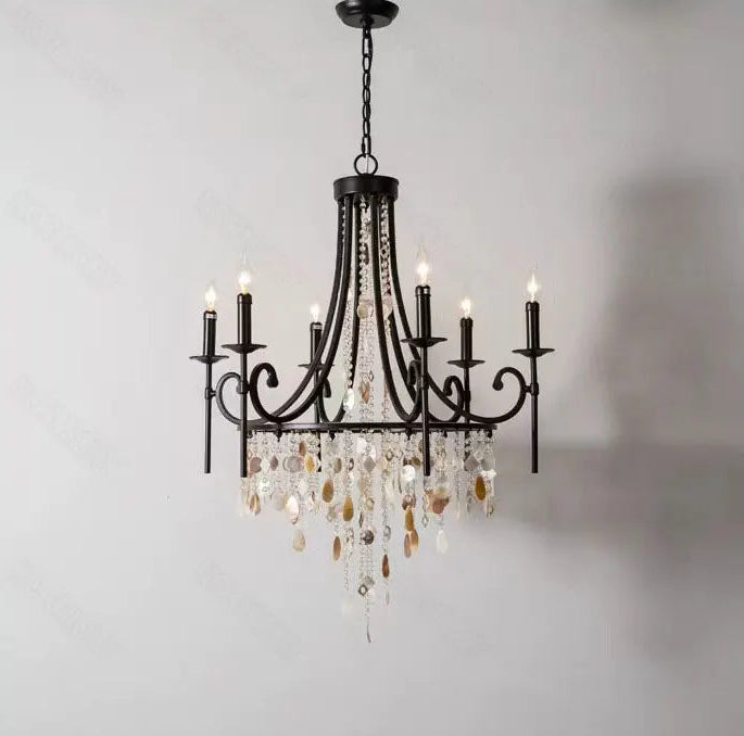 Long drop crystal shell chandelier for high-ceiling