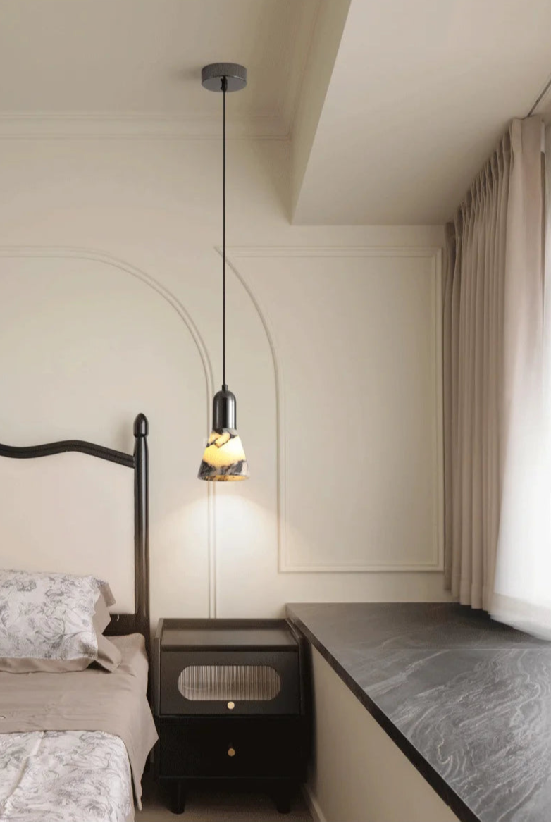 Dark Marble LED Pendant - Modern Ceiling Light installed in a bedroom corner, enhancing the space with dimmable ambient lighting.