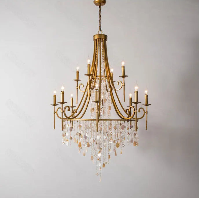 Long drop crystal shell chandelier for high-ceiling