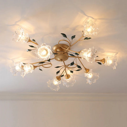 French Floral Ceiling Light with 10 glass flower heads and gold metal frame, ideal for villa or apartment ceiling décor.