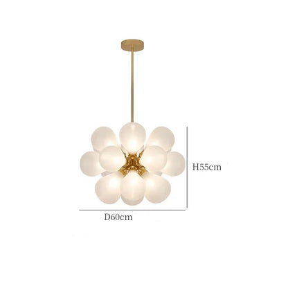 White bubble glass chandelier with 18 bulbs, Scandinavian design, 60cm wide, crafted from iron and glass.