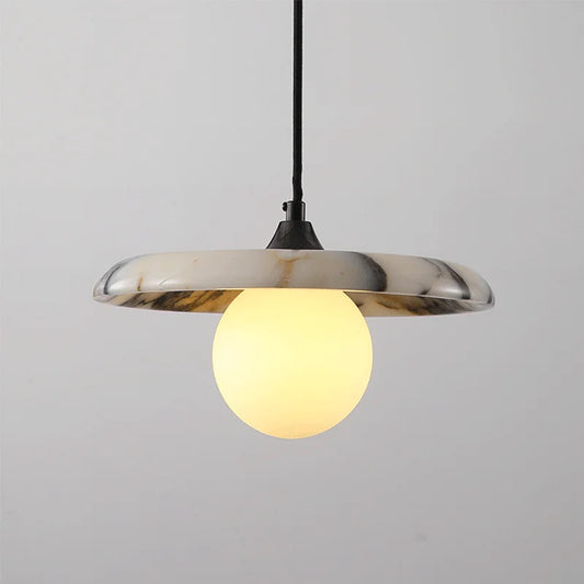 High-End Marble Pendant Light with black LED chandelier design, featuring a round alabaster shade and warm LED glow for modern indoor spaces.