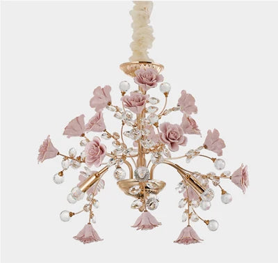 Modern LED Rose Crystal Chandelier with intricate pink roses and crystal accents, perfect for chic lighting in home and garden spaces.