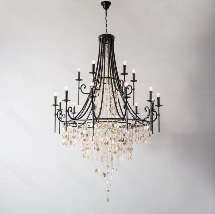 Long drop crystal shell chandelier for high-ceiling