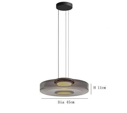 Smoke grey glass pendant light with 45cm diameter and 11cm height. LED lighting and adjustable hanging for kitchen or dining.