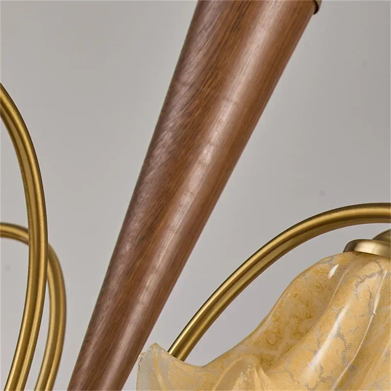 Wood and brass detail of the American Retro Pendant Light, showcasing the elegant fusion of materials in a modern LED fixture.