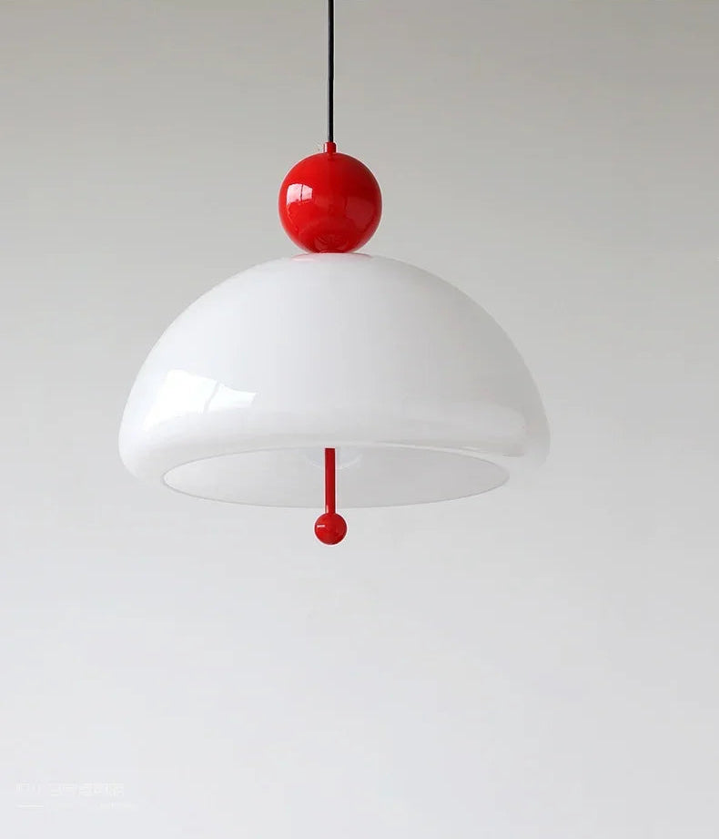 Glossy white dome Medieval Pendant Light with red pull switch, ideal for vintage-themed interiors and ambient lighting.