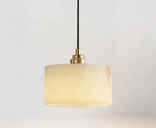 Natural marble LED pendant light with brass fixture, showcasing modern luxury chandelier design for kitchen or dining spaces.