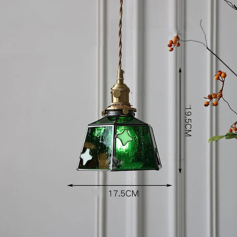 Suspension vintage française en bois, laiton et verre