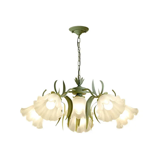 Art Deco Flower Chandelier with green frame and five white floral glass shades, ideal for modern home lighting décor.