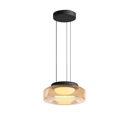 Glass pendant light in amber with LED source, ideal for luxury kitchen or dining room decor. Features a single-tier round design with dimmable lighting.