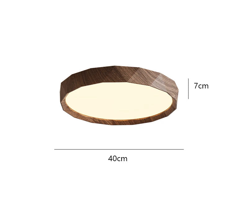 Walnut colored circular ceiling light for bedroom