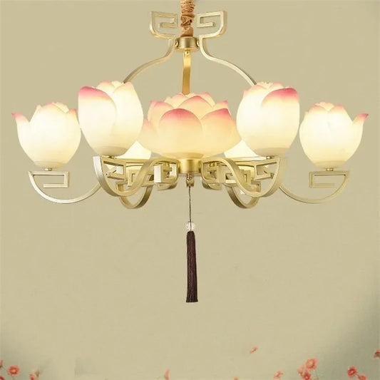 Lotus flower LED pendant light - vintage ceiling light with six tulip-shaped lampshades in soft pink and white, ideal for elegant interiors.