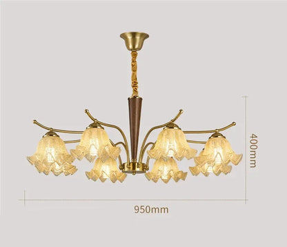 Eight-light Contemporary LED Pendant Light with floral glass shades, designed for large spaces like villas or hotel lobbies.