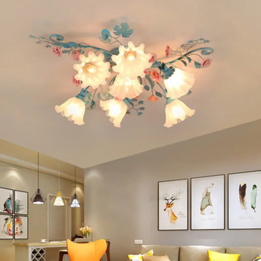 Korean Rose Ceiling Lamp with floral LED lights in a modern living room, ideal for romantic Mediterranean-style home decor.
