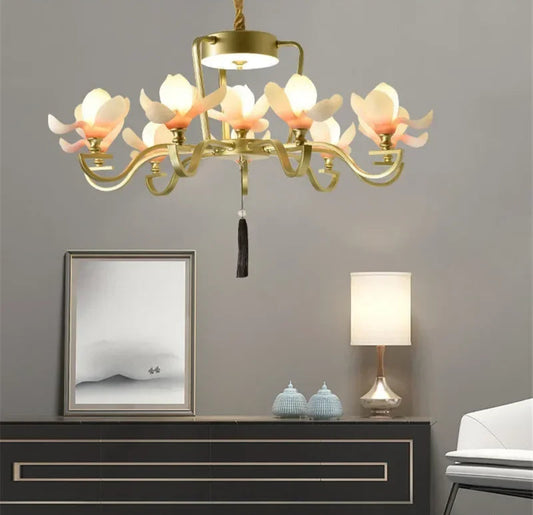 Magnolia Flower Pendant Light - Retro Ceiling Lamp with 9 LED E27 bulbs in gold finish, ideal for modern living room or hallway décor.