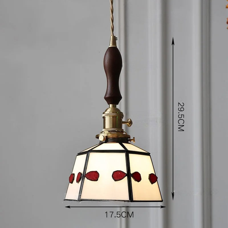 Suspension vintage française en bois, laiton et verre