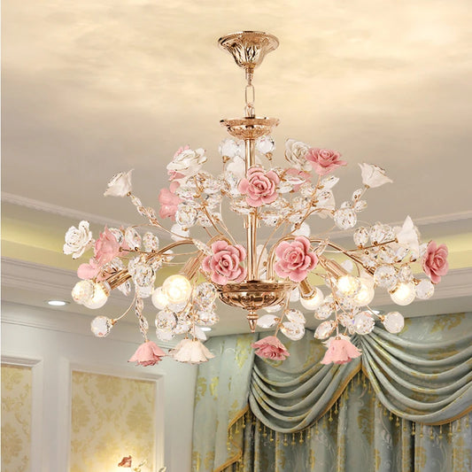 Modern LED Rose Crystal Chandelier with pink floral accents and crystal drops, ideal for elegant living room lighting and Nordic home decor.