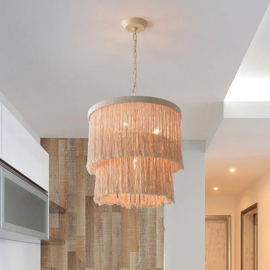 Rustic Bohemian Chandelier-Pendant Light Wicker LED hanging in a modern kitchen, ideal for home and staircase lighting decor.