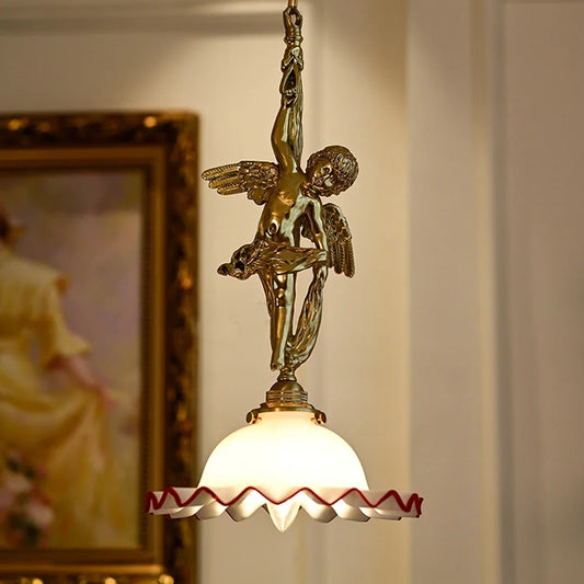 Copper Angel Pendant Light for Dining with gold cherub figure and scalloped glass shade, ideal for elegant dining room or bedside decor.