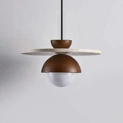 Elegant walnut wood pendant with white stone disc and LED bulb, minimalist lighting for bedrooms or dining areas.