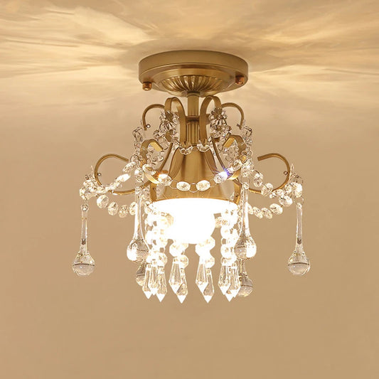 Golden Crystal Chandelier Lamp with vintage transparent crystals and gold finish, ideal for hotel corridor ceiling decor.
