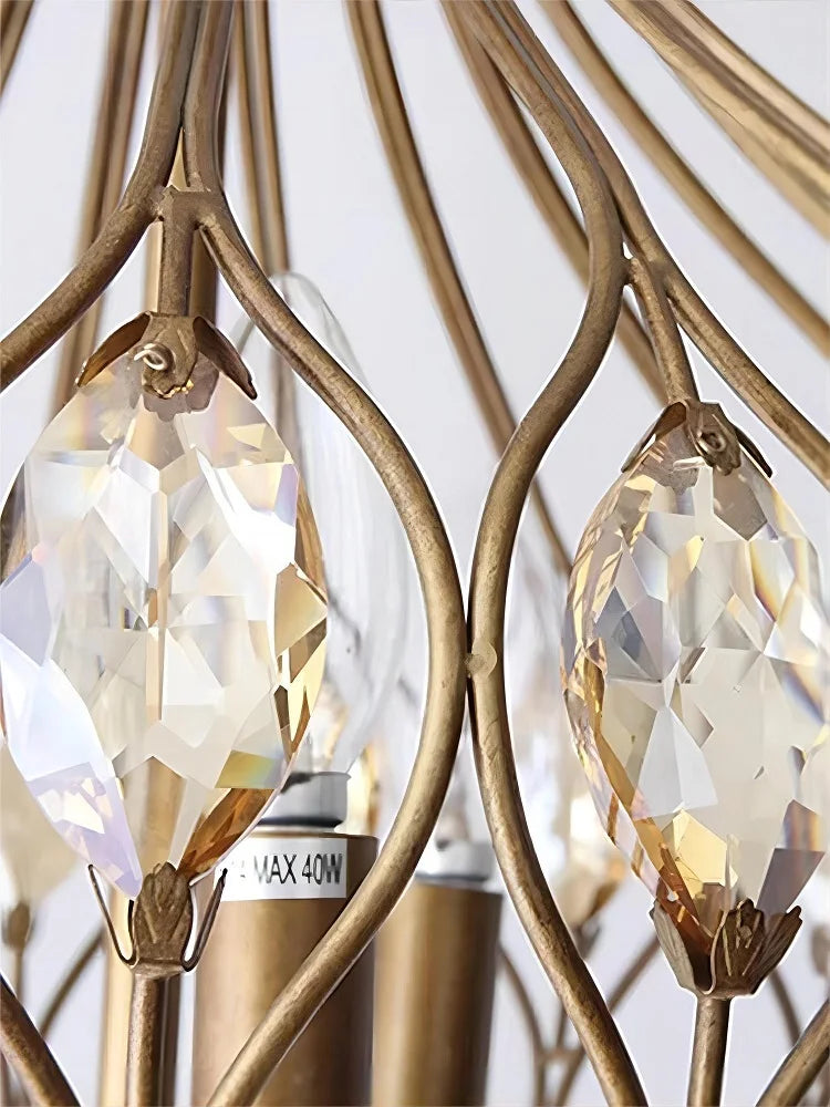 Close-up of faceted crystal accents on retro lantern chandelier, showcasing intricate craftsmanship and elegant detailing.