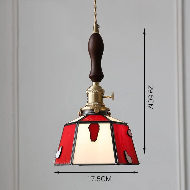 Suspension vintage française en bois, laiton et verre