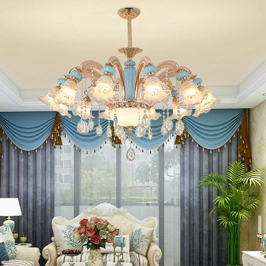 Modern ceramic chandelier with French design in a luxurious living room, featuring blue accents, crystal drops, and LED lighting.