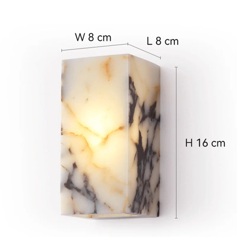 Black marble wall sconce with dimensions 16x8x8 cm, luxury LED light fixture for modern bedroom or bathroom decor.