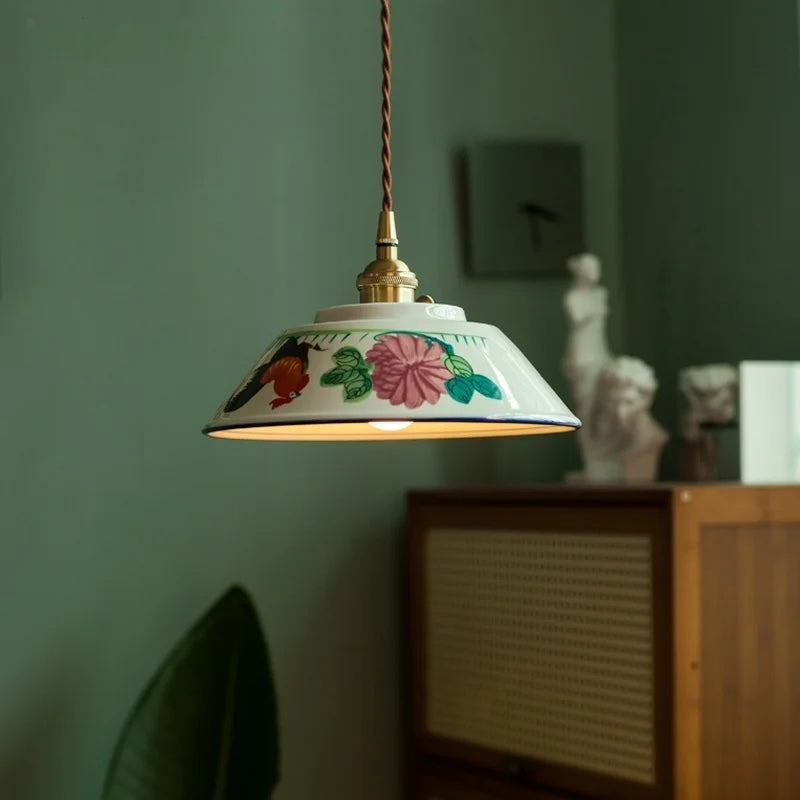 Vintage ceramic LED pendant lamp with brass fitting